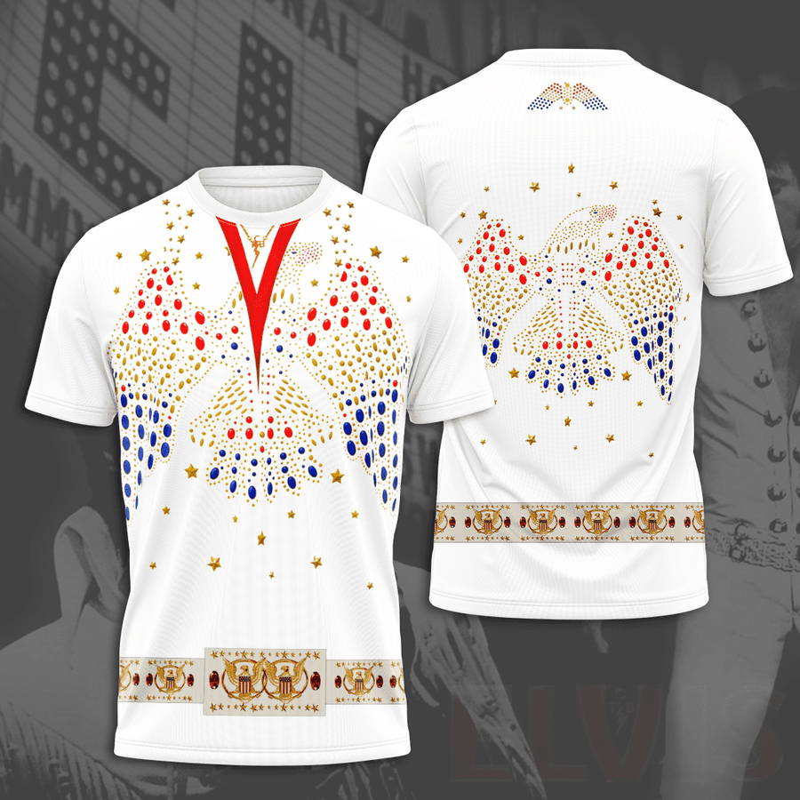 Elvis Presley American Eagle Costume Jersey – White 70s Jumpsuit Style Shirt for Fans Elvis Presley American Eagle Costume Jersey – White 70s Jumpsuit Style Shirt for Fans