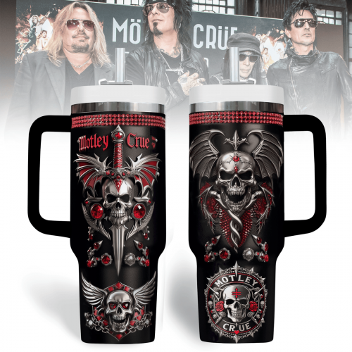 Motley Crüe Skull Tumbler with Handle – Gothic Rock Band Travel Mug for Metal Fans