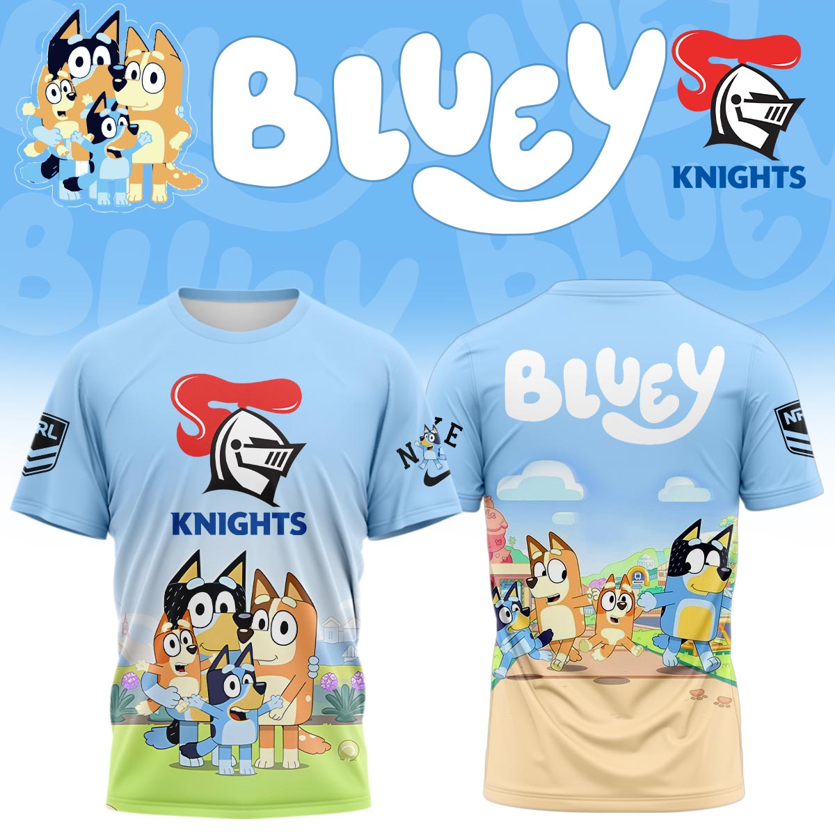 Newcastle Knights x Bluey & Bingo 2025 Graphic T-Shirt Newcastle Knights x Bluey & Bingo 2025 Graphic T-Shirt