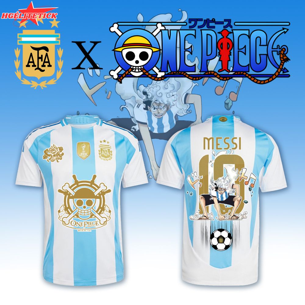 Argentina Home Jersey 2025 Messi Gold x One Piece Crossover Tee Argentina Home Jersey 2025 Messi Gold x One Piece Crossover Tee