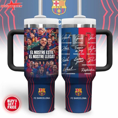 FC Barcelona Travel Mug – 2024-25 Champions Cup Design with Player Signatures