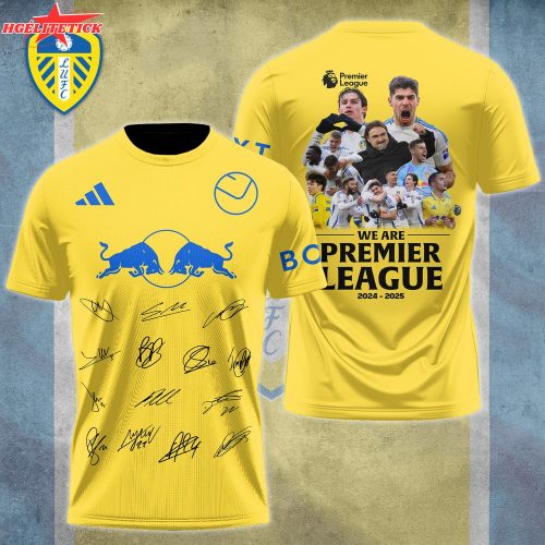 Leeds United 2024–2025 Premier League Promotion Shirt – Yellow Fan Jersey with Autographs & Collage
