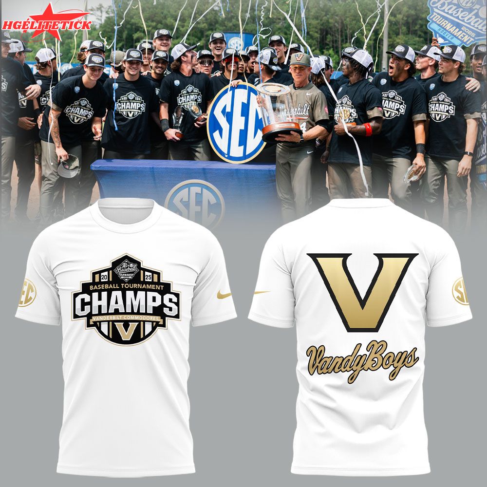 Vanderbilt Baseball x 2025 SEC BASEBALL TOURNAMENT CHAMPS White TShirt Vanderbilt Baseball x 2025 SEC BASEBALL TOURNAMENT CHAMPS White TShirt