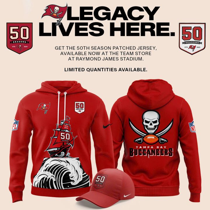 Tampa Bay Buccaneers Celebrate the legacy of 50 Seasons Hoodie 2025 Red Tampa Bay Buccaneers Celebrate the legacy of 50 Seasons Hoodie 2025 Red