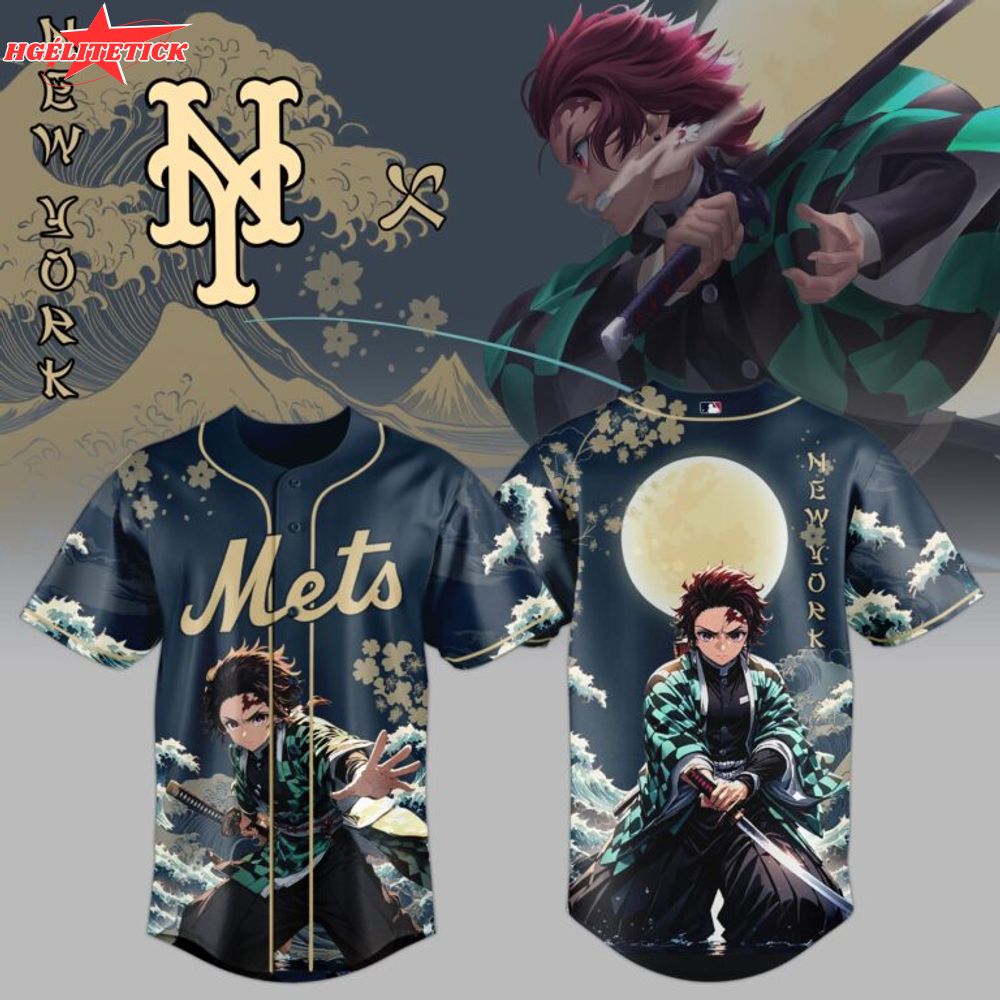 NY Mets x Wave Breathing Demon Slayer Baseball Jersey NY Mets x Wave Breathing Demon Slayer Baseball Jersey