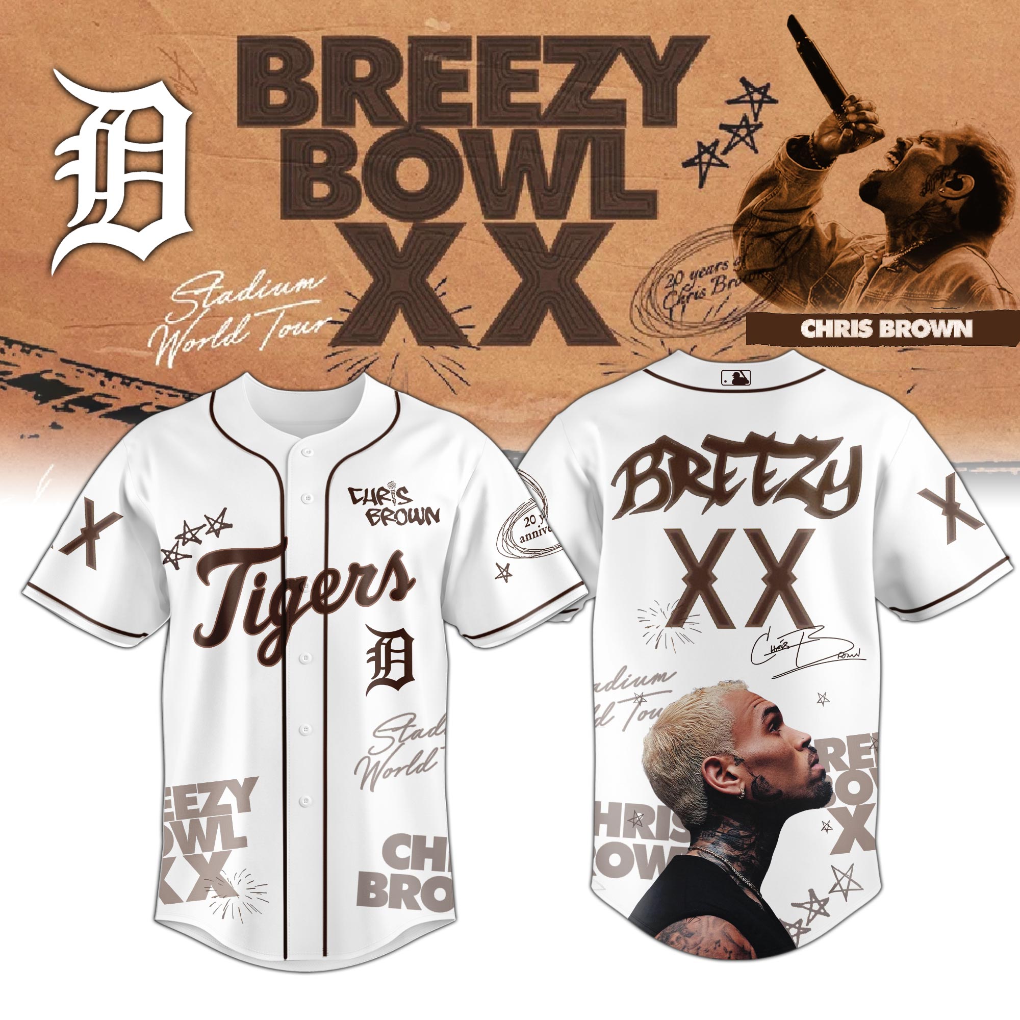 Detroit Tiger x Chris Brown Breezy Bowl XX World Tour 2025 Jersey Editions Limited White Detroit Tiger x Chris Brown Breezy Bowl XX World Tour 2025 Jersey Editions Limited White
