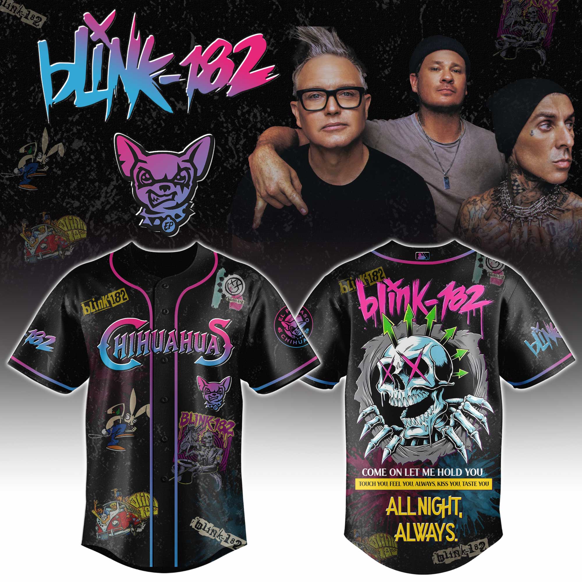 Blink-182 x Chihuahuas Baseball Jersey – Punk Rock Band Graphic Shirt Blink-182 x Chihuahuas Baseball Jersey – Punk Rock Band Graphic Shirt