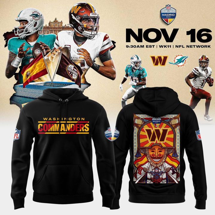 Washington Commanders Black 2025 NFL Madrid Game Black Hoodie Washington Commanders Black 2025 NFL Madrid Game Black Hoodie