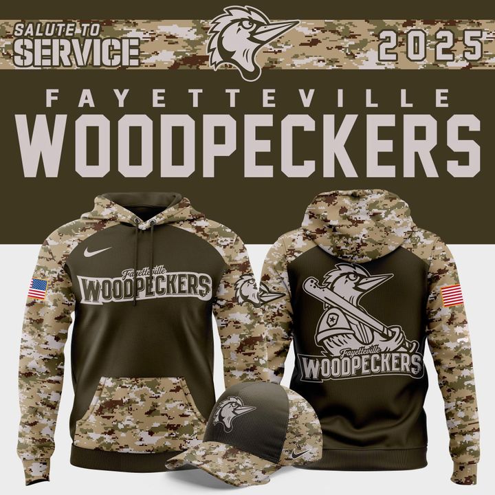 Fayetteville Woodpeckers Salute to Service 2025 Camo Hoodie Fayetteville Woodpeckers Salute to Service 2025 Camo Hoodie