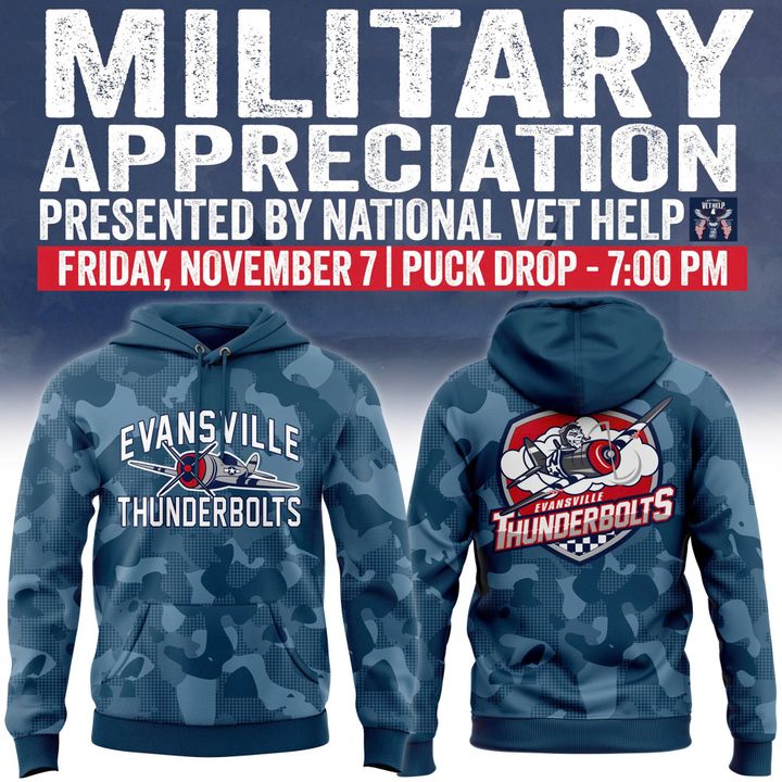 Evansville Thunderbolts ''Military Night '' Hoodie 2025 Evansville Thunderbolts ''Military Night '' Hoodie 2025