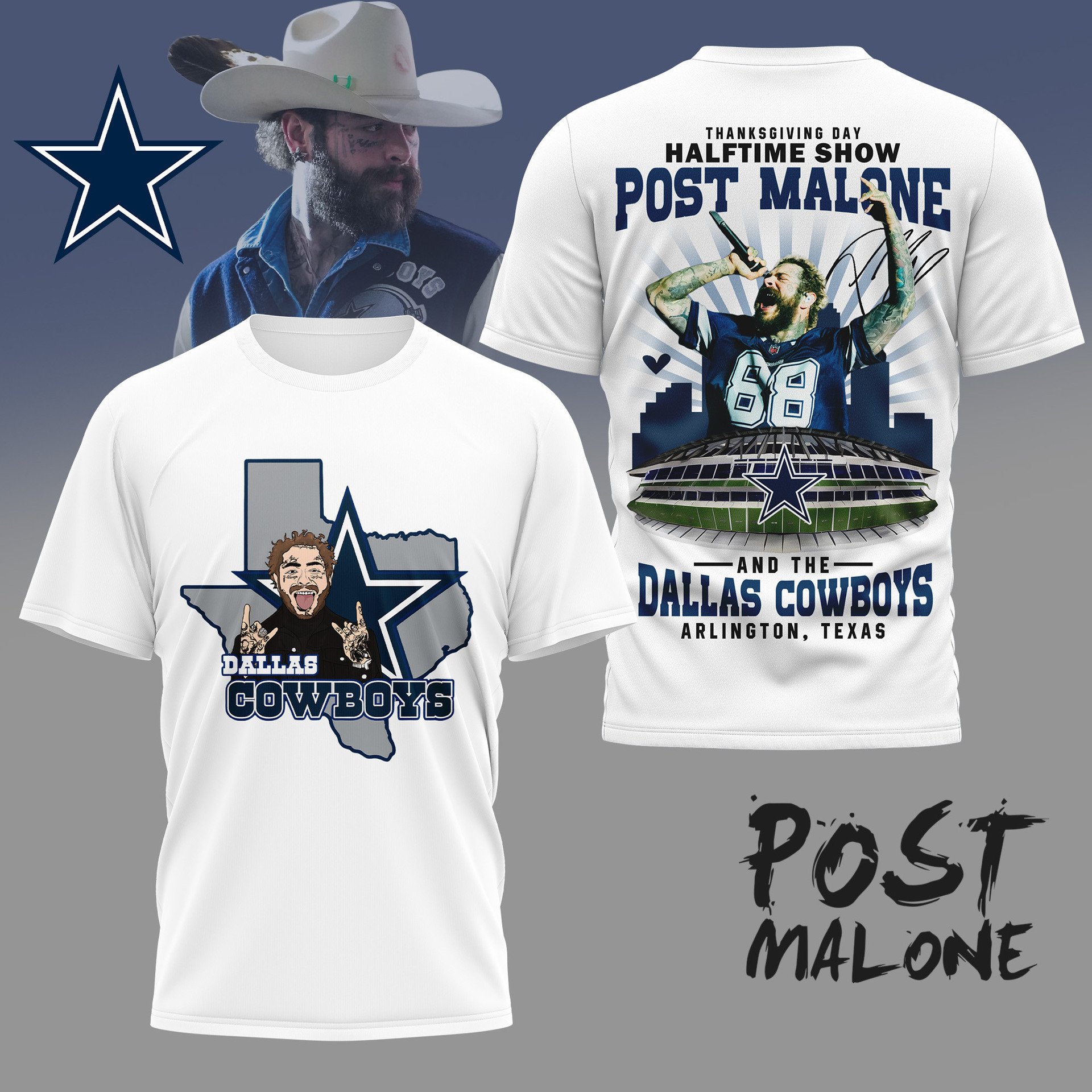Premium Post Malone and Dallas Cowboys Fan 3D Shirt Premium Post Malone and Dallas Cowboys Fan 3D Shirt