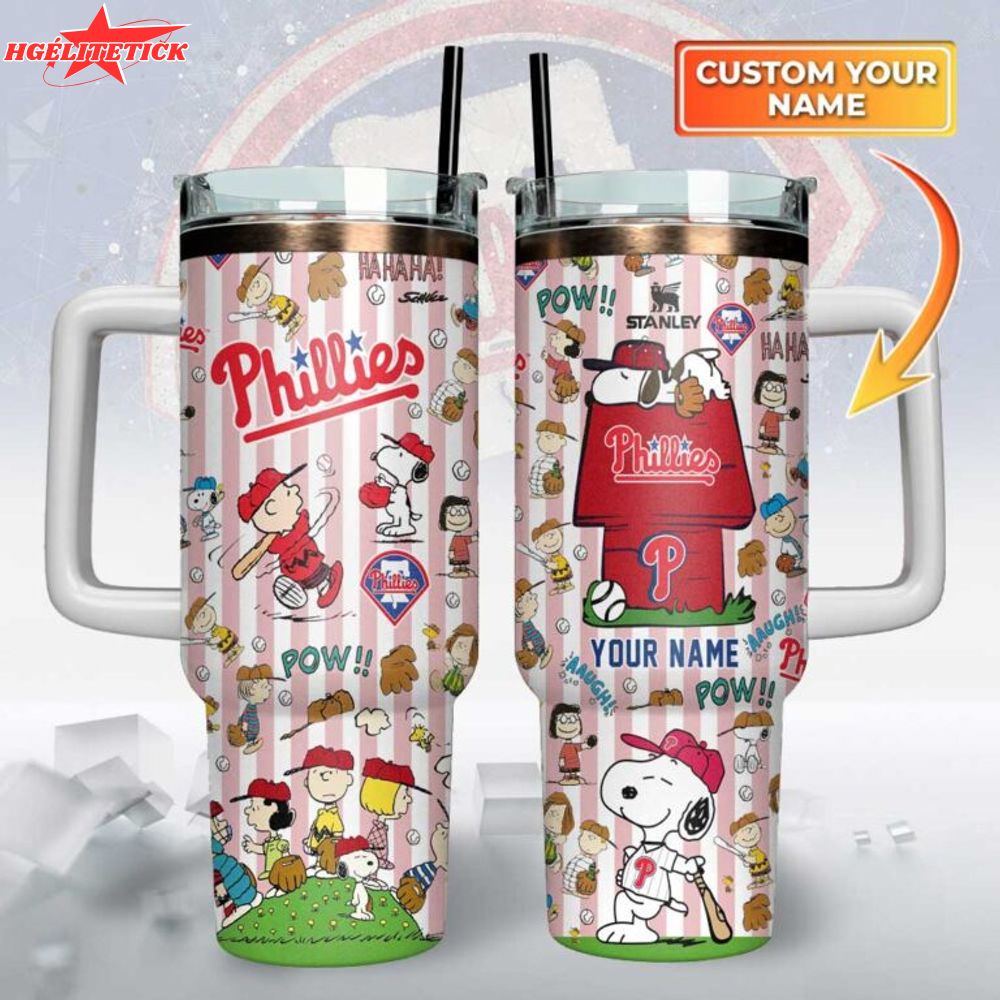 Philadelphia Phillies x Peanuts Custom Stanley Quencher 40oz Stainless Steel Tumbler With Handle Philadelphia Phillies x Peanuts Custom Stanley Quencher 40oz Stainless Steel Tumbler With Handle