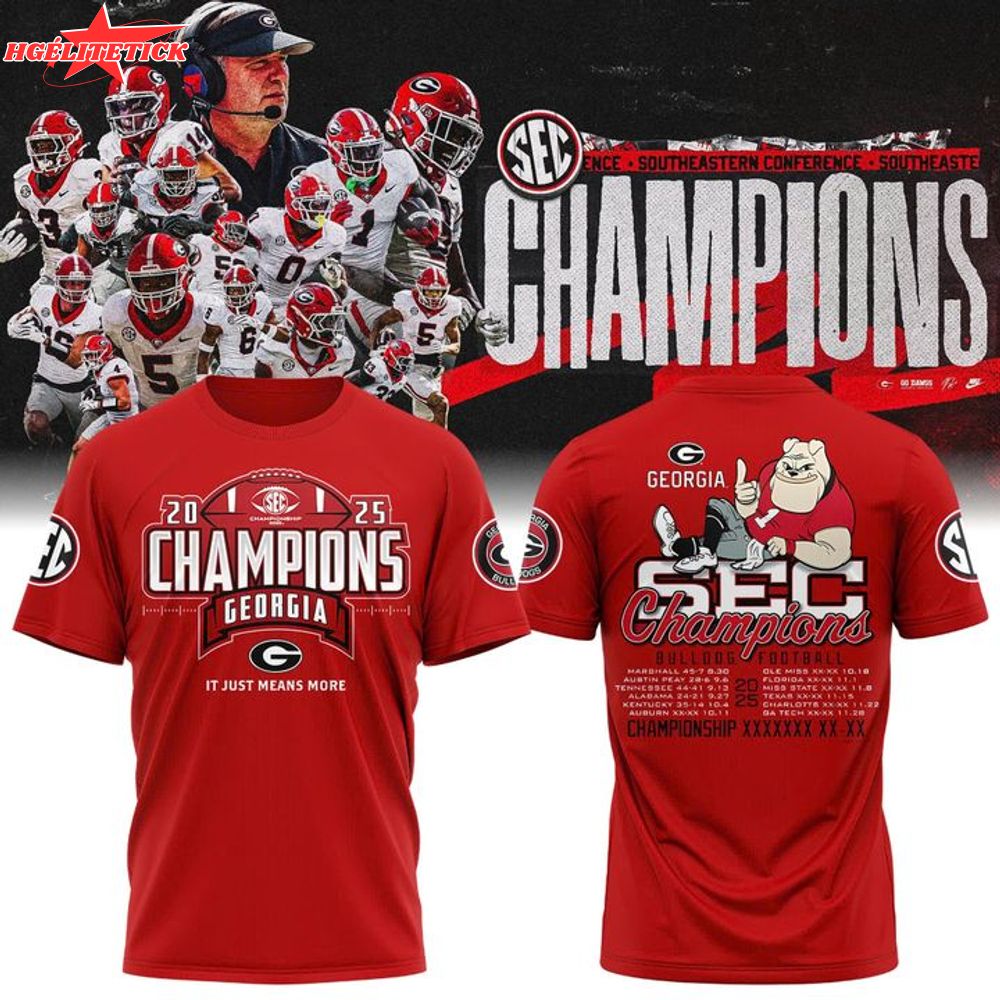 Red Georgia Bulldogs 2025 SEC Football Champions Locker Room T-Shirt Red Georgia Bulldogs 2025 SEC Football Champions Locker Room T-Shirt